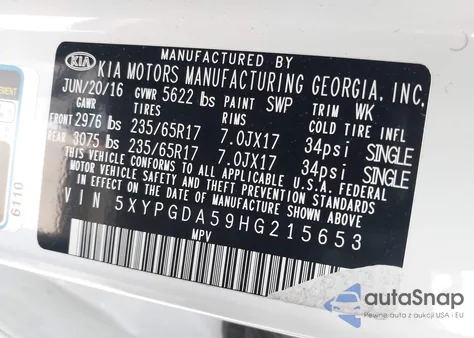 2017 Kia Sorento 3.3L Lx из США, поврежденный, VIN 5XYPGDA59HG215653